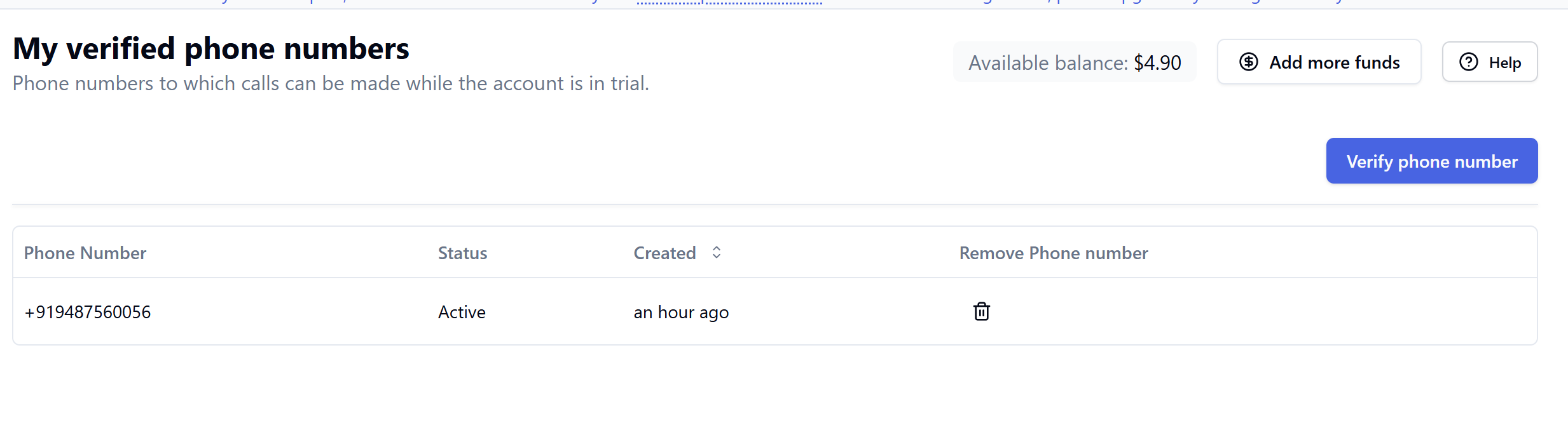 Verified phone numbers page