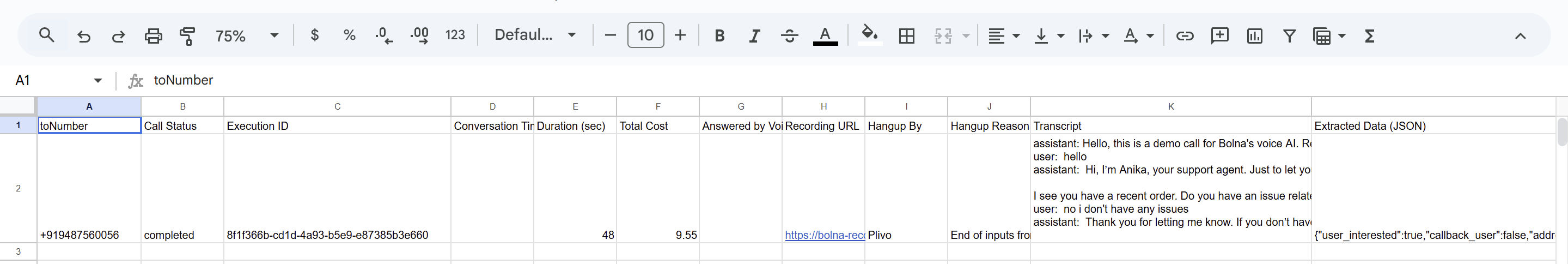 Google Sheet showing webhook data from Bolna
