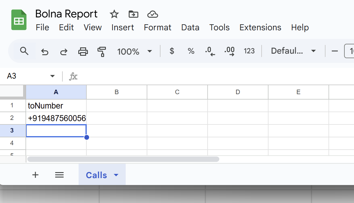 Sheet tab with toNumber column for outbound calls