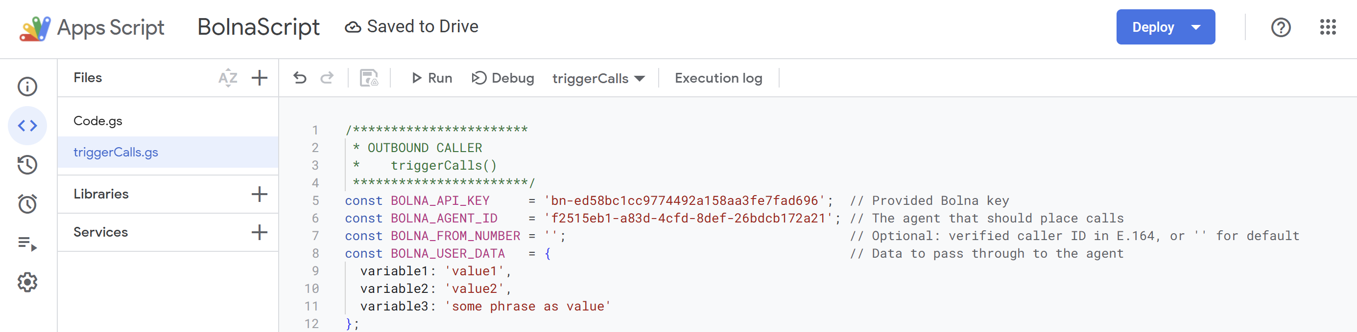 Add a new Apps Script file for triggerCalls