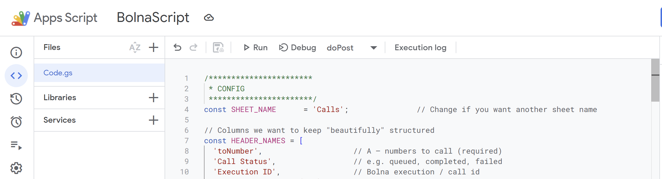 Apps Script editor with webhook handler code