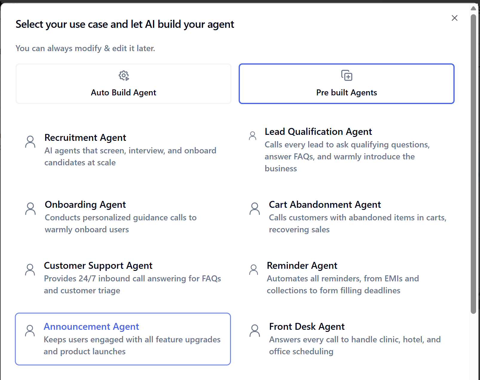 Choose the Announcement prebuilt agent